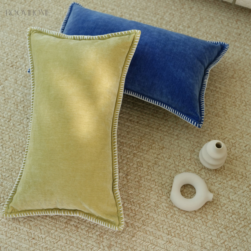 Solid Pop Color Velvet Cushions with Piping & Blanket Stitch