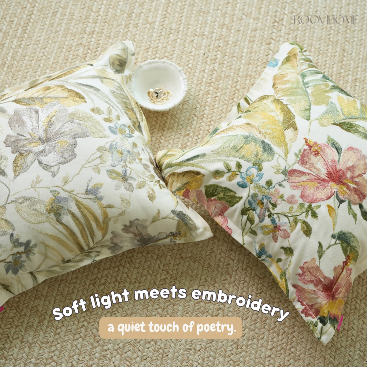 Heritage Bloom Embroidered Floral Cushion