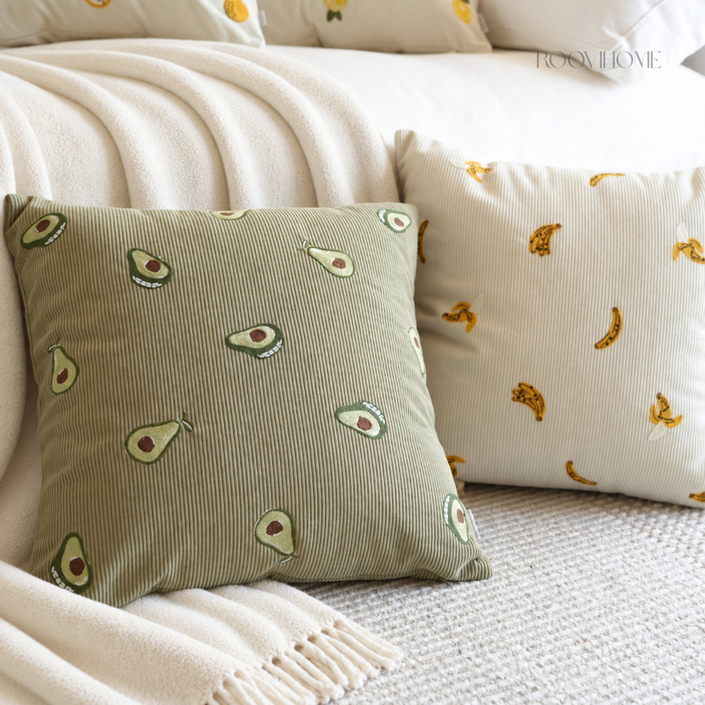 Embroidered Fruit Corduroy Cushion