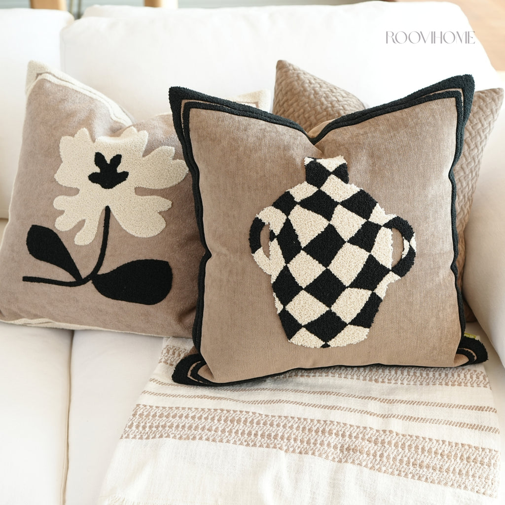 Muted Canvas Retro Floral & Vase Embroidery Cushions 50x50cm