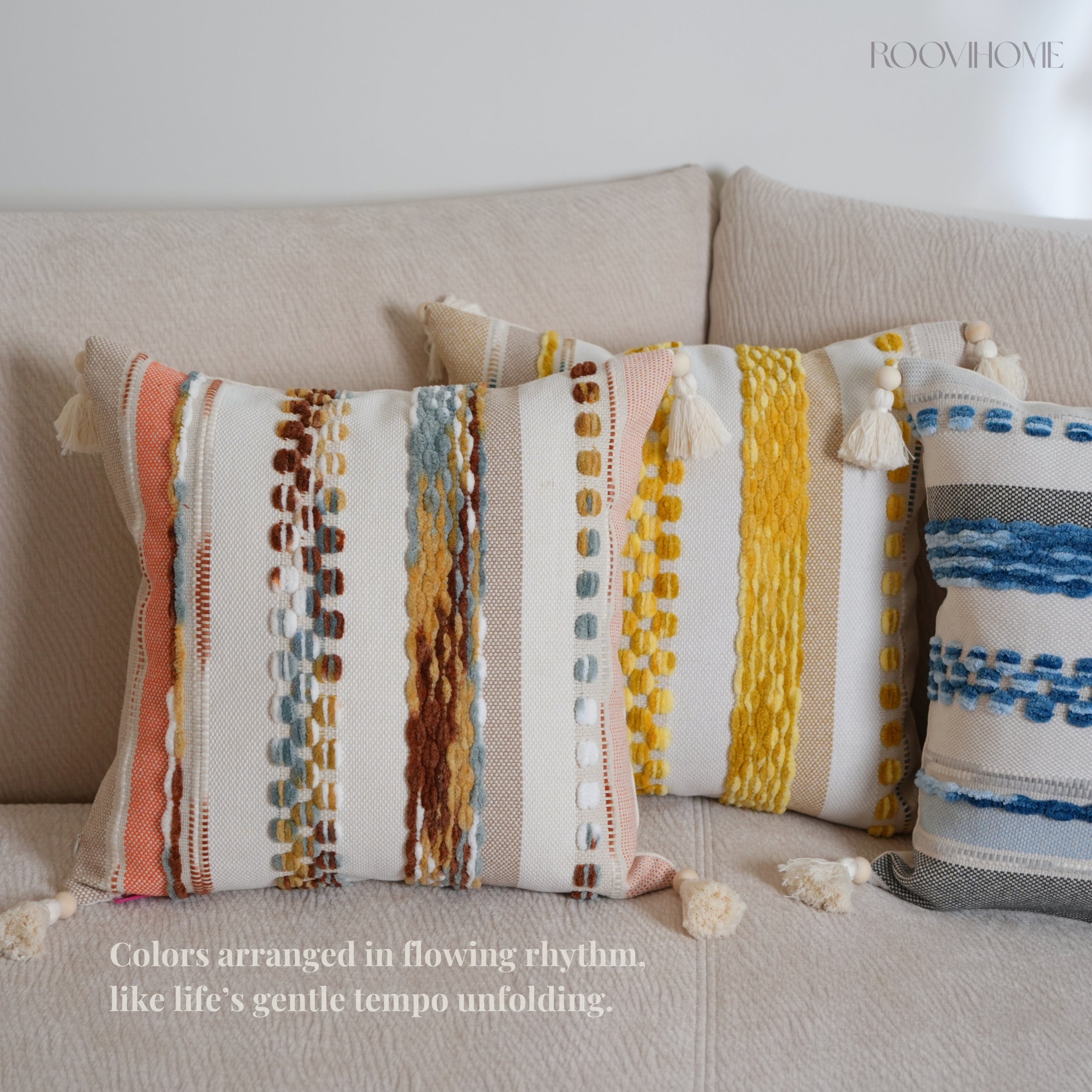 Moroccan Style Textured Cotton-Linen Blend Throw Pillow / Cushion Cover • Embroidery + Fringe • Retro Style • Sofa Cushion for Living Room • Soft & Comfortable Home Decor | RooviHome FlowLight Collection