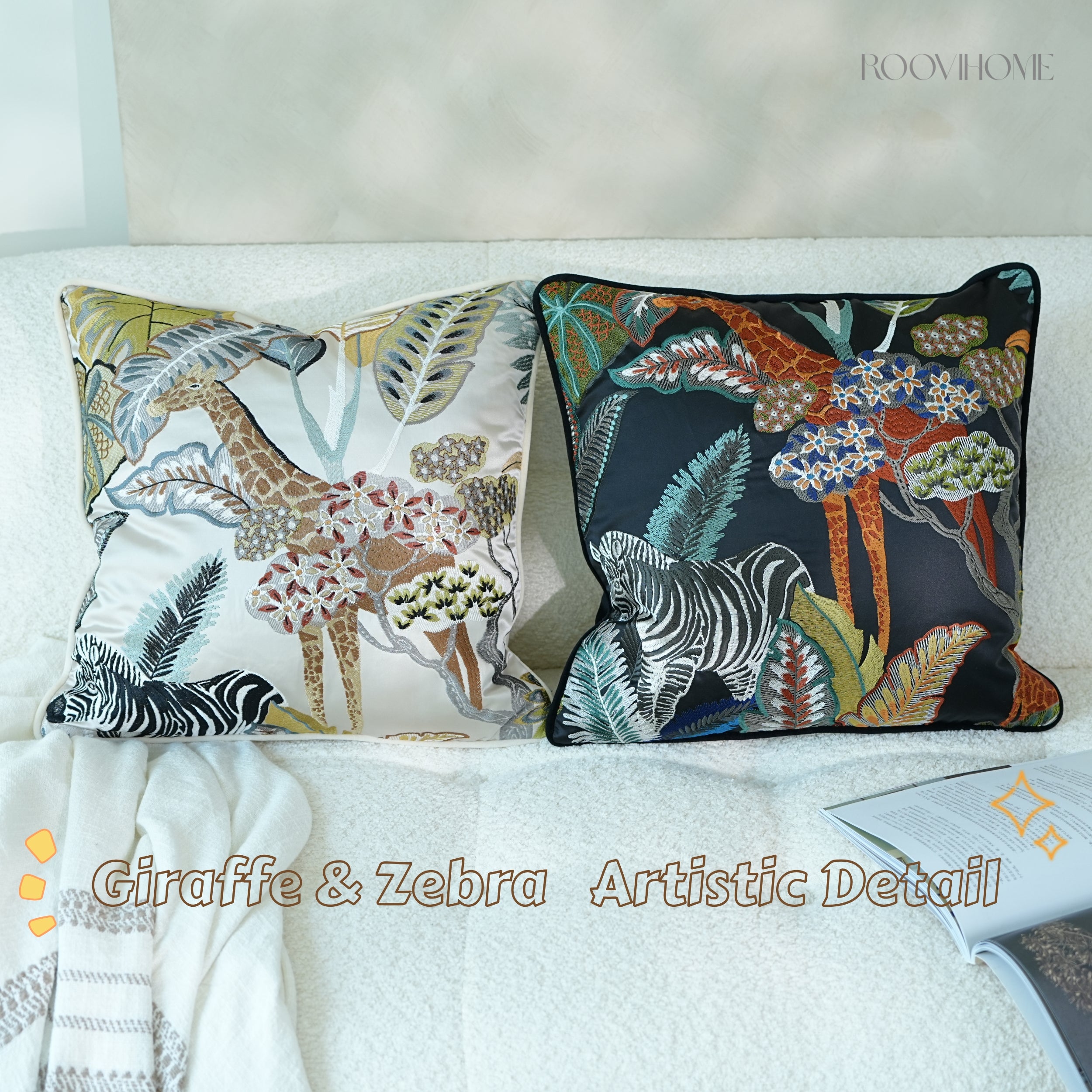 Jungle Wild Zebra & Giraffe Embroidery Cushions