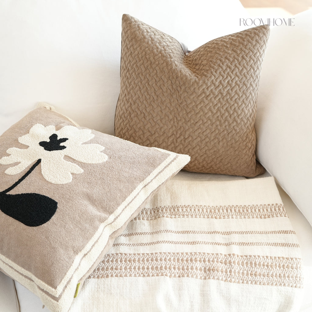 Muted Canvas Retro Floral & Vase Embroidery Cushions 50x50cm