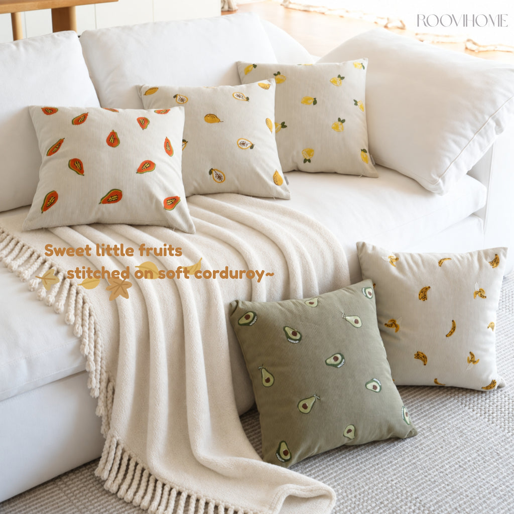 Embroidered Fruit Corduroy Cushion