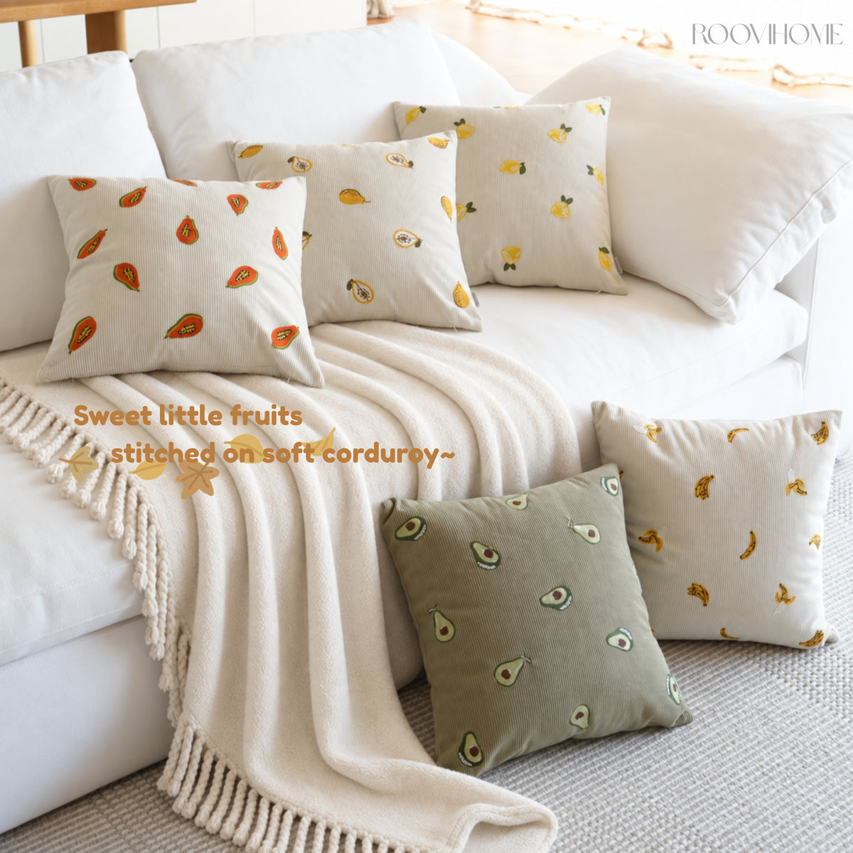 Embroidered Fruit Corduroy Cushion