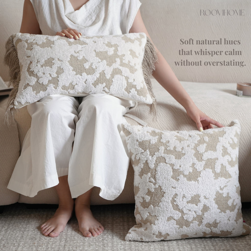 Wabi-Sabi & Japandi Style Throw Pillow / Lumbar Pillow / Cushion Cover, 3D Raised Jacquard Texture, Beige Cream Brown Tones, Rich Texture, Elegant Tassel Detail | RooviHome Wabi Weave Collection