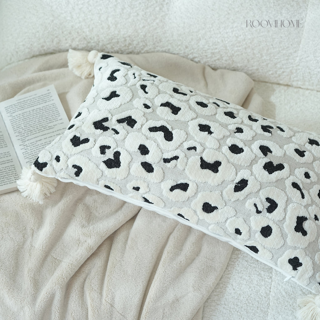 Textured Velvet Leopard Lumbar Cushion With Tassels