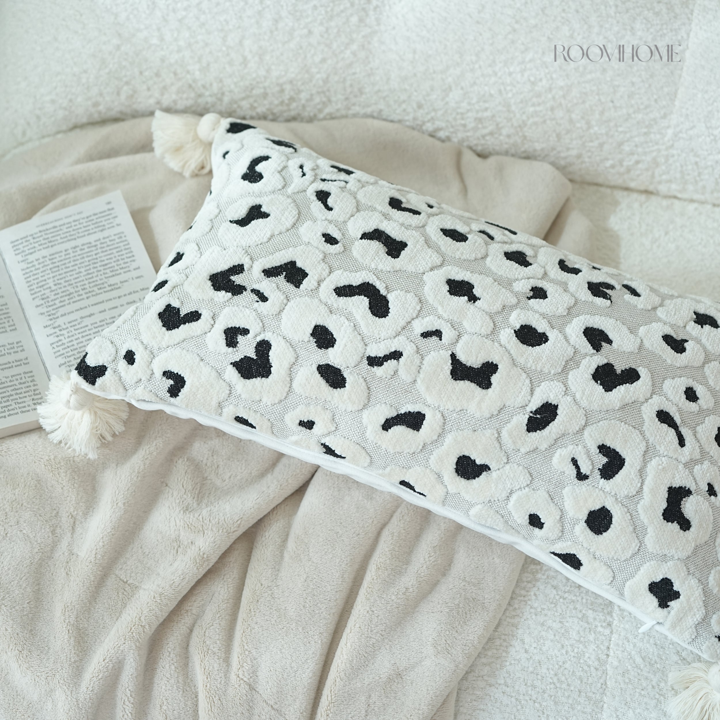 Textured Velvet Leopard Lumbar Cushion With Tassels